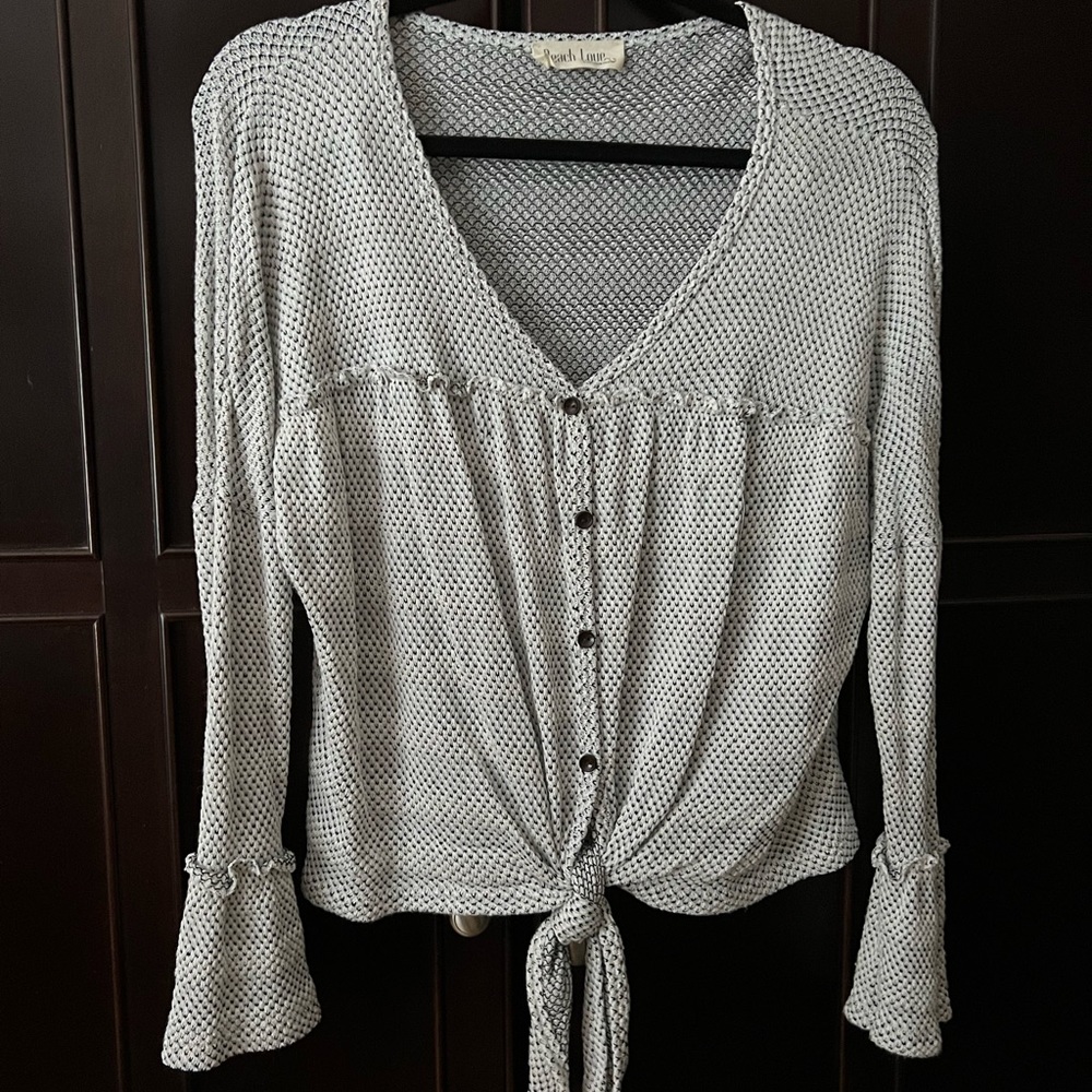 Peach Love Front Tie Top with Bell Sleeves - Color White and Black Size Small